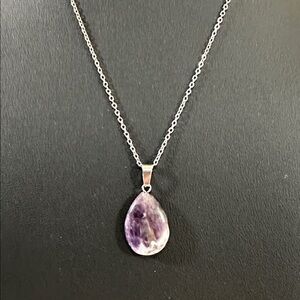 Amethyst Teardrop Natural Stone Pendant With Silvertone Bale Necklace